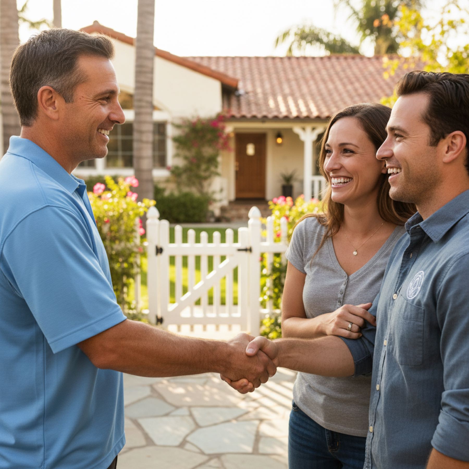 A local contractor greeting a happy homeowner couple outside their home