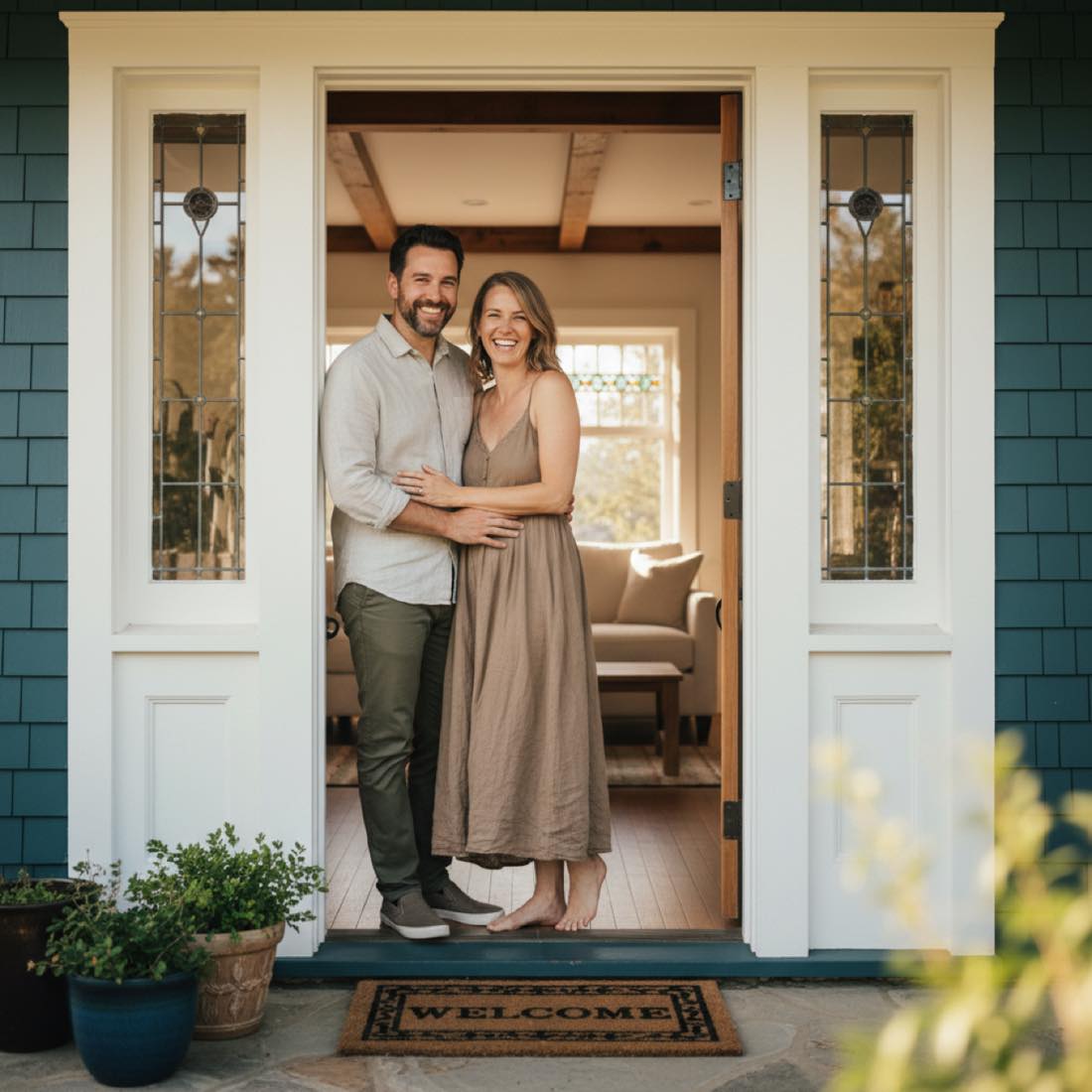 A happy homeowner couple in front of their renovated home